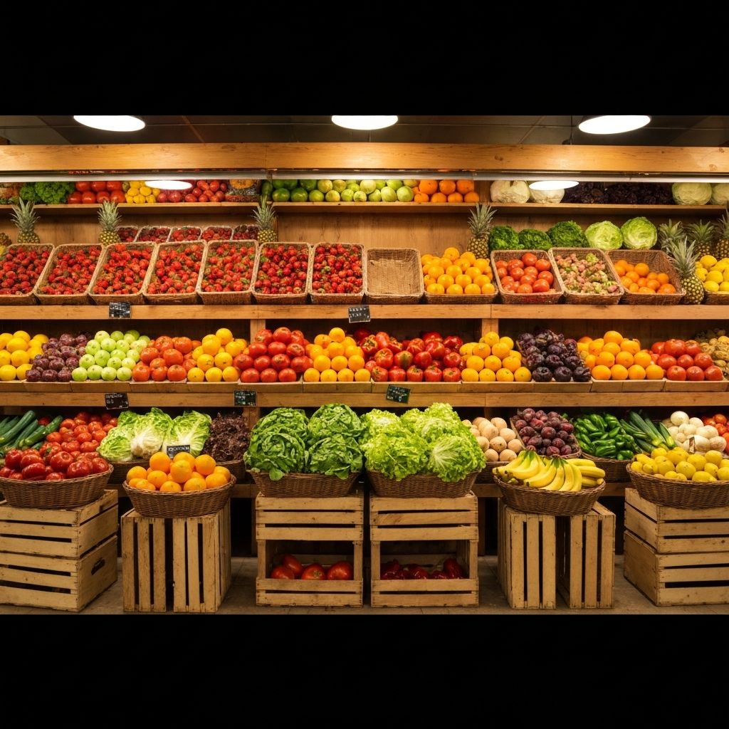 Interior of Footscray Market Fruit & Veg stall showing colourful seasonal produce